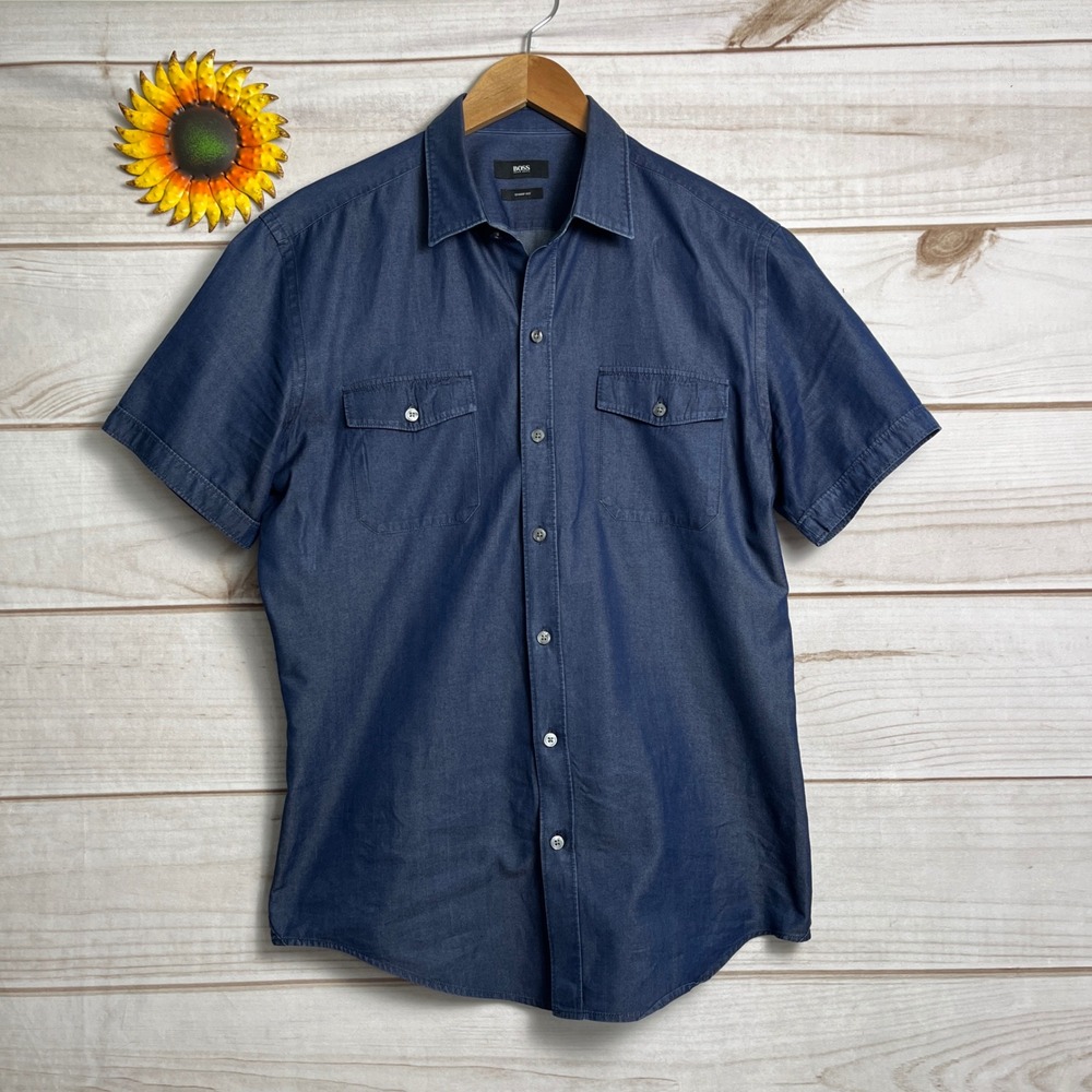 Hugo Boss Sharp Fit Mens Shirt Blue Short Sleeve Button Down Size L